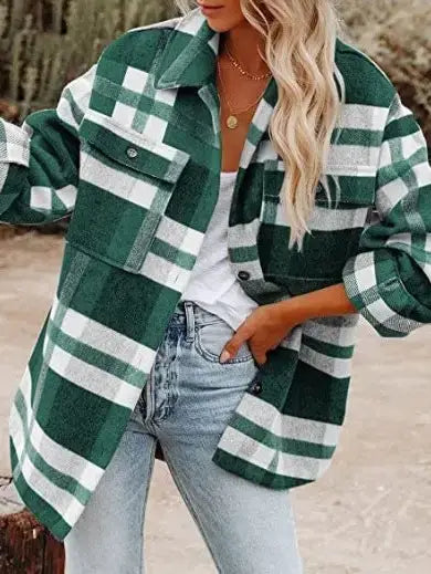 Green Plaid Button Flannel Shirt Jacket