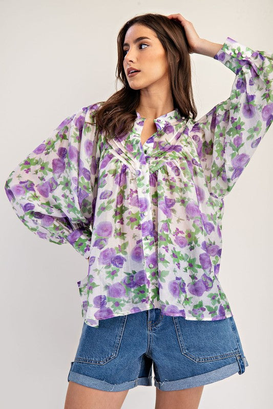 Floral Printed Button Down Long Sleeve Top