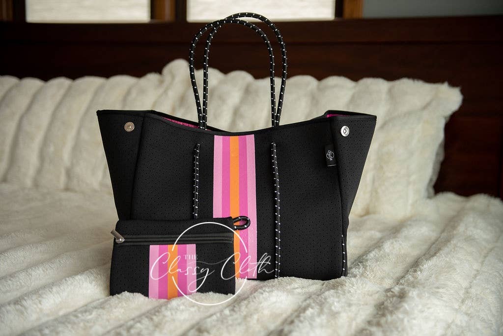 Neoprene Carryall Tote - Black w Hot Pink & Orange Stripe RT
