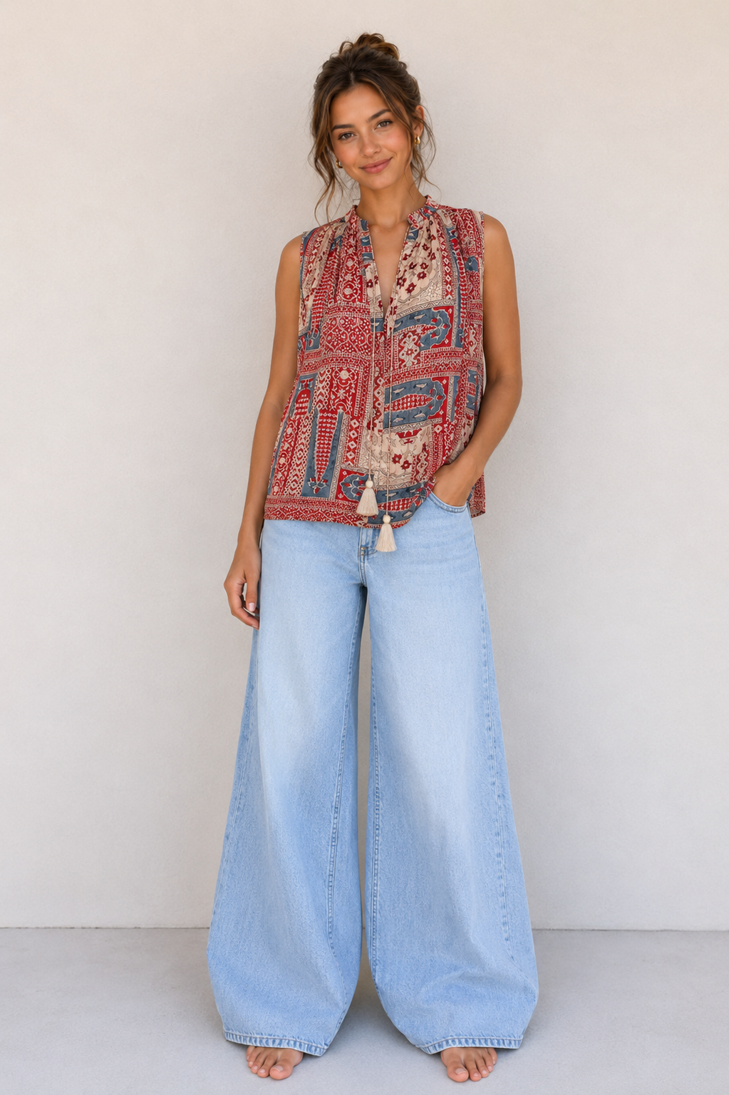 Patchwork Tassel Tie Blouse