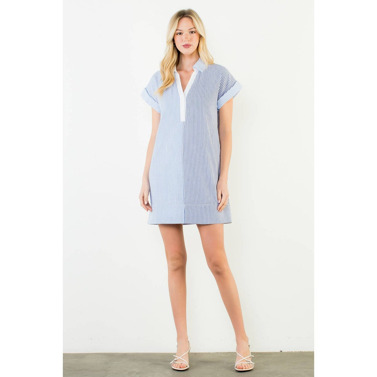 Short Sleeve Split Striped V-Neck Dress