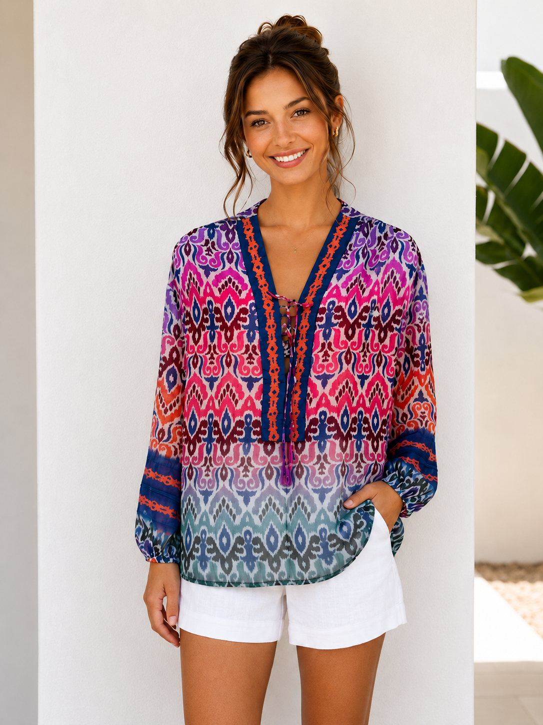 Printed Tassel-Tie Peasant Blouse