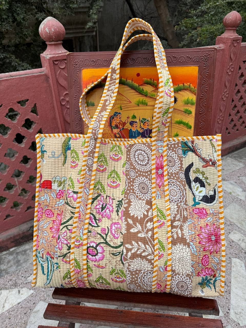 Tan & Floral Quilted Bag