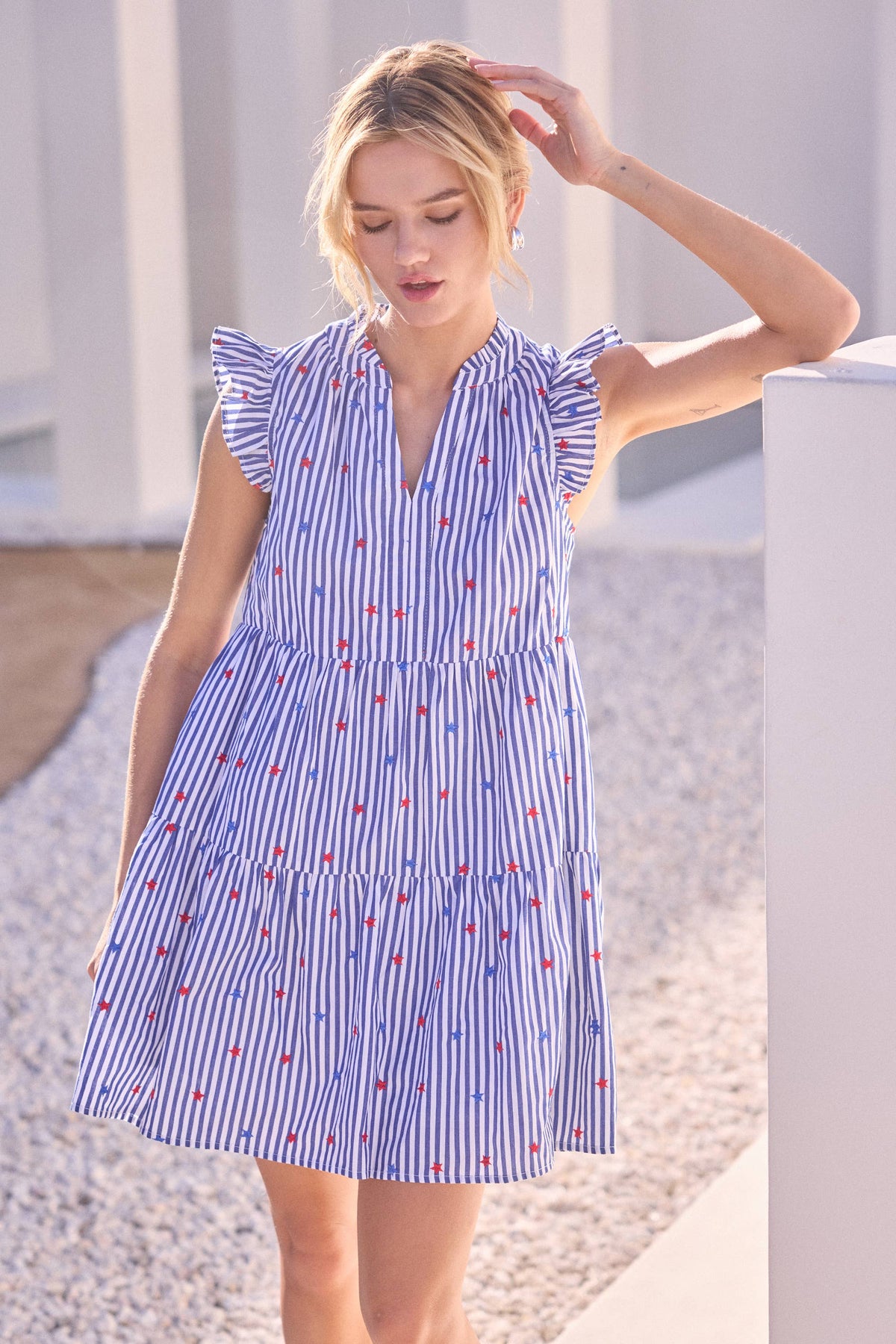 Striped Mini Dress with Star Embroidery