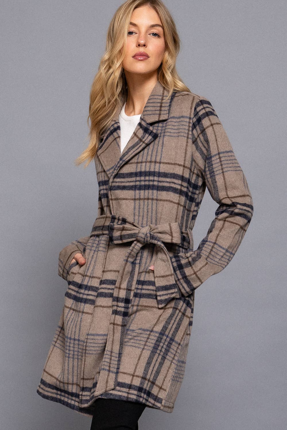Long Sleeve Notched Collar with Waist Belt Plaid Jacket