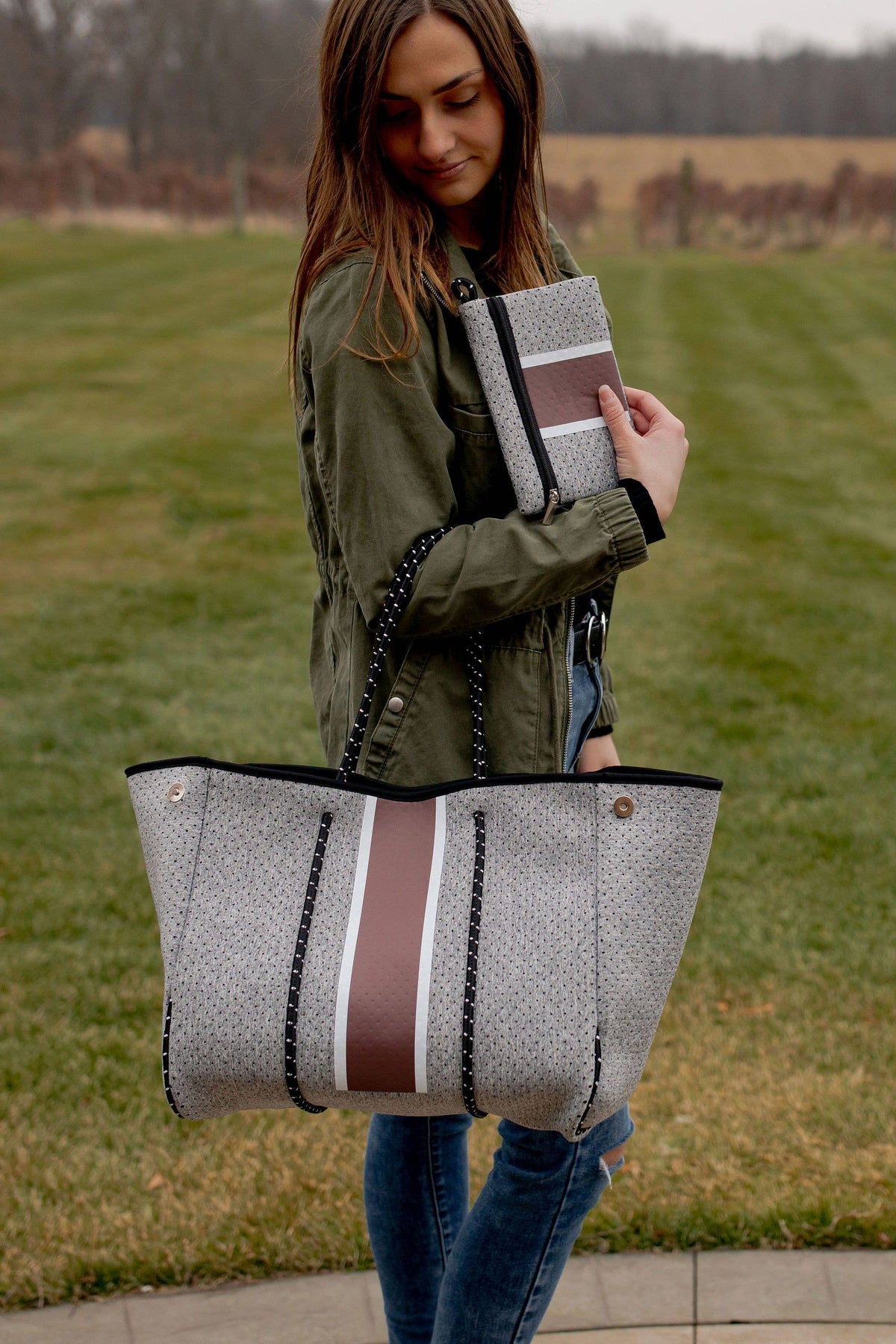 Neoprene Carryall Tote – Grey w/ Deep Burgundy Stripe RTS