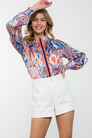 Smock Neck Long Sleeve Paisley Print Top