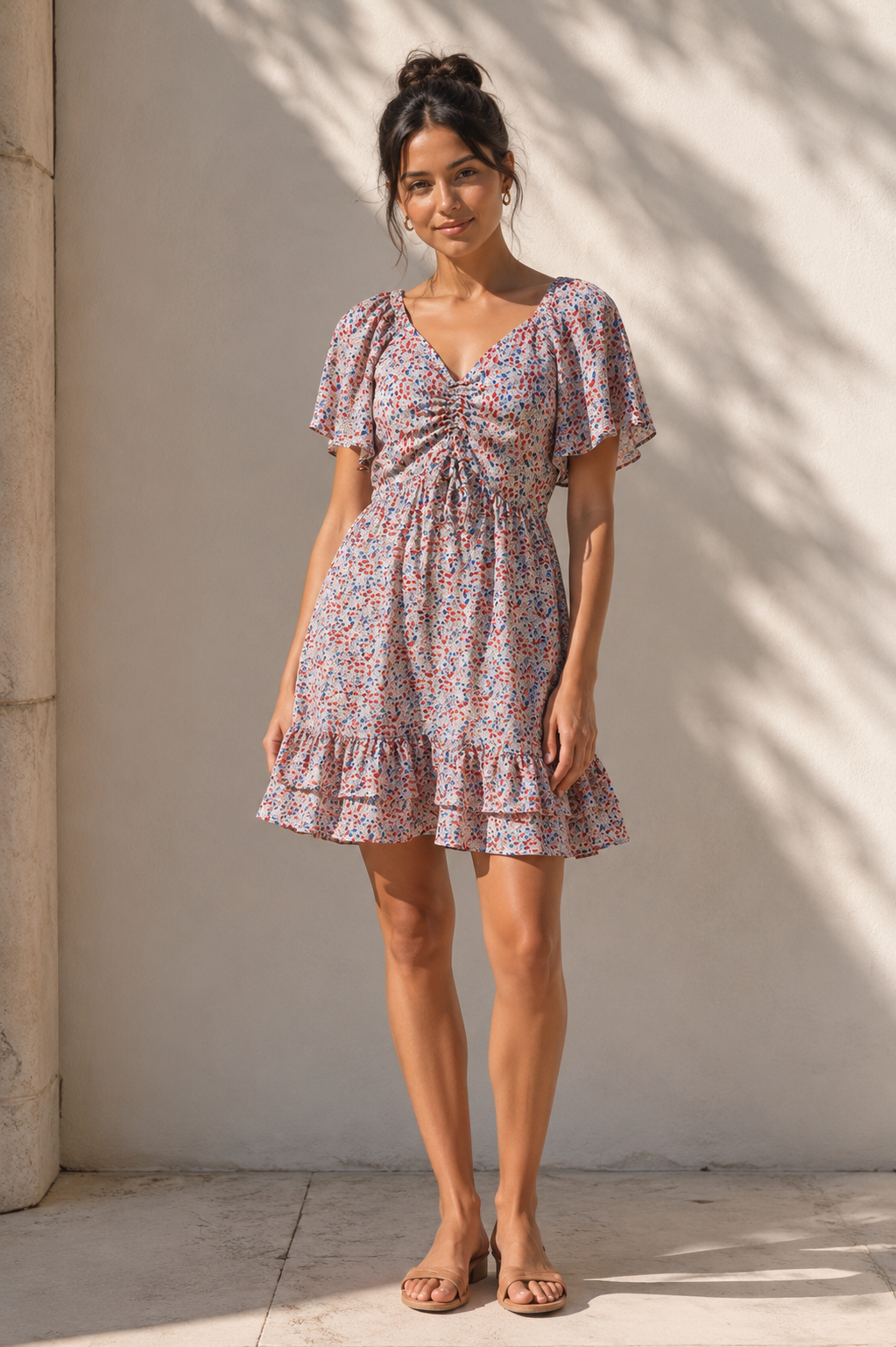 Ruched Flutter Sleeve Mini Dress