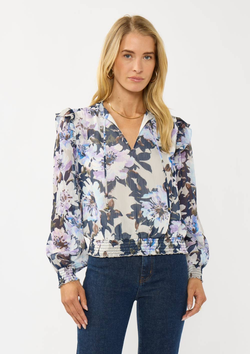 Long Sleeve V-Split Neck Smocked Hem & Cuff Top