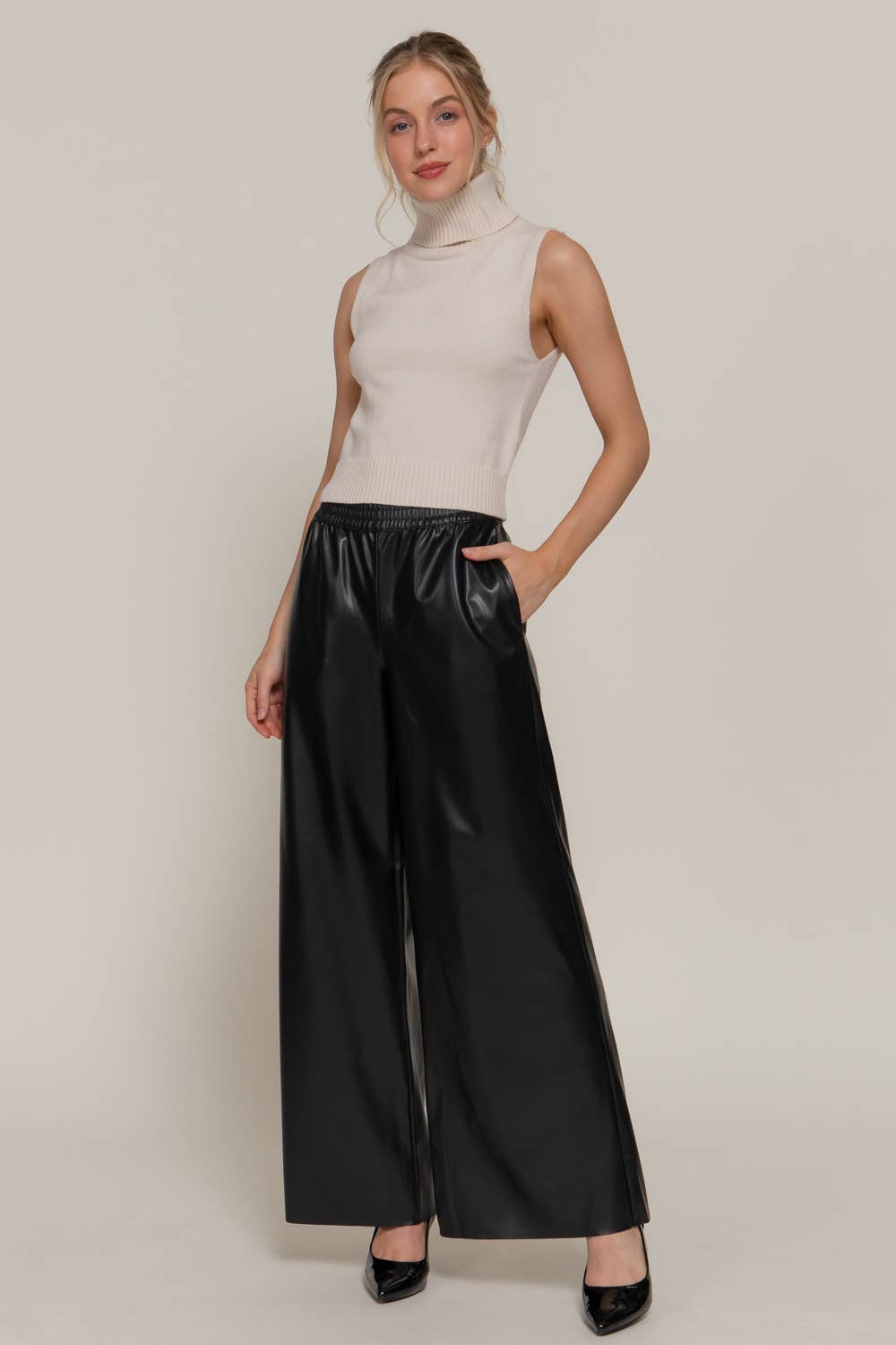 Waistband Straight Faux Leather Long Pants